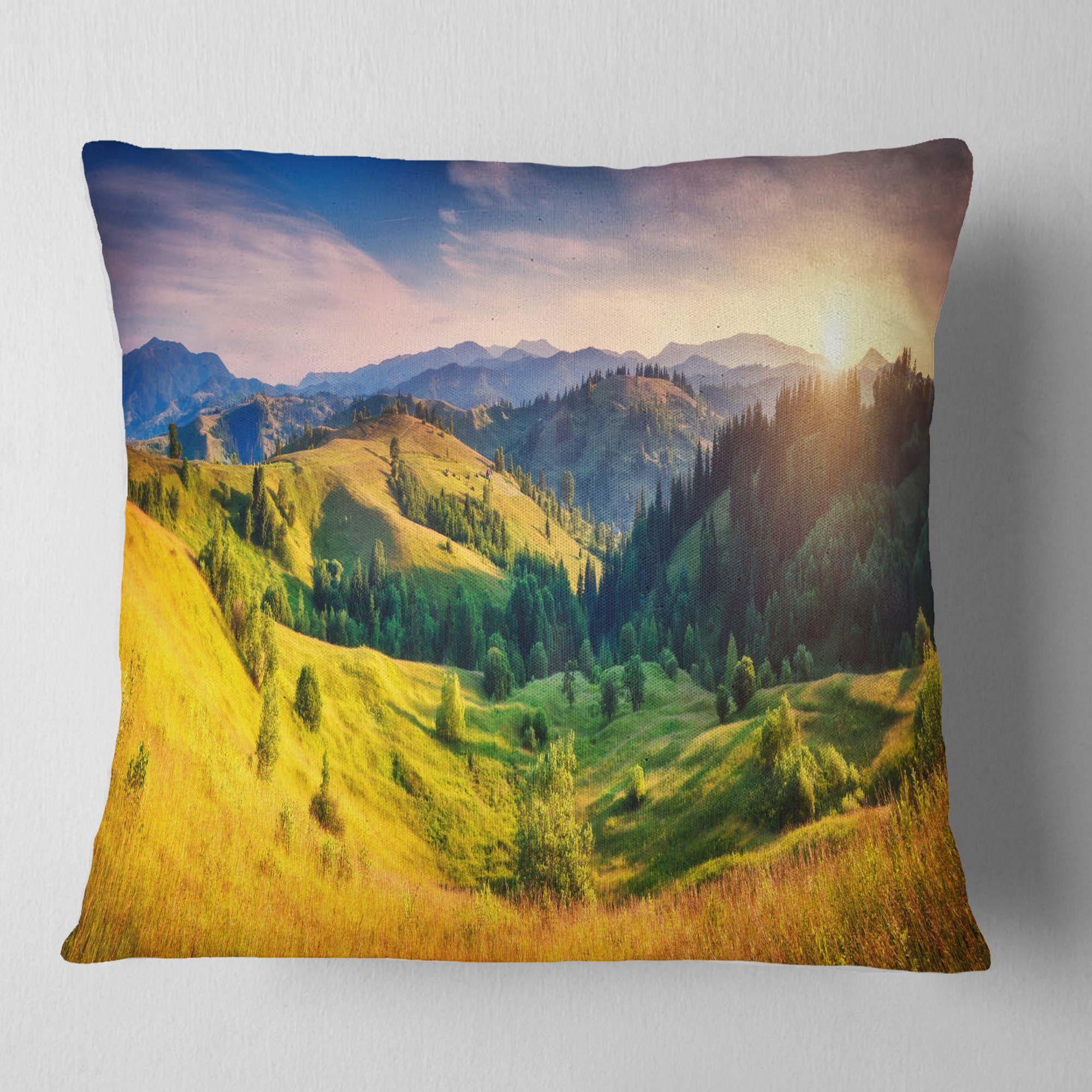 Designart Green Hills Glowing by Sunlight - Landscape Printed Throw Pillow - 18x18