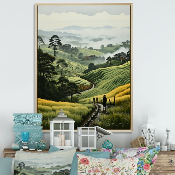 Designart "Green Hillside Countryside Foggy wall decor" Landscape & Nature Floater Framed Wall Decor