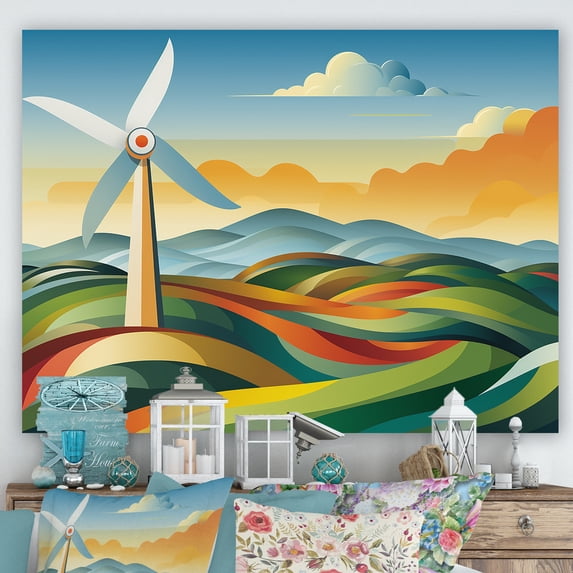 Designart "Green Horizon Holland Wind Turbine Views I" Architecture Wall Art - Industrial Green Wind Turbines Entryway Wall Art Print