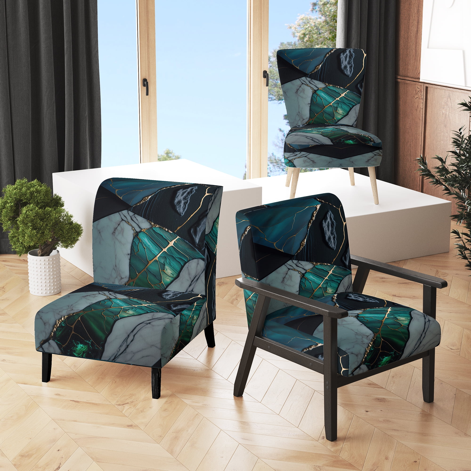 Designart "GreenHued Geode Abstraction IV" Green Marble Upholstered
