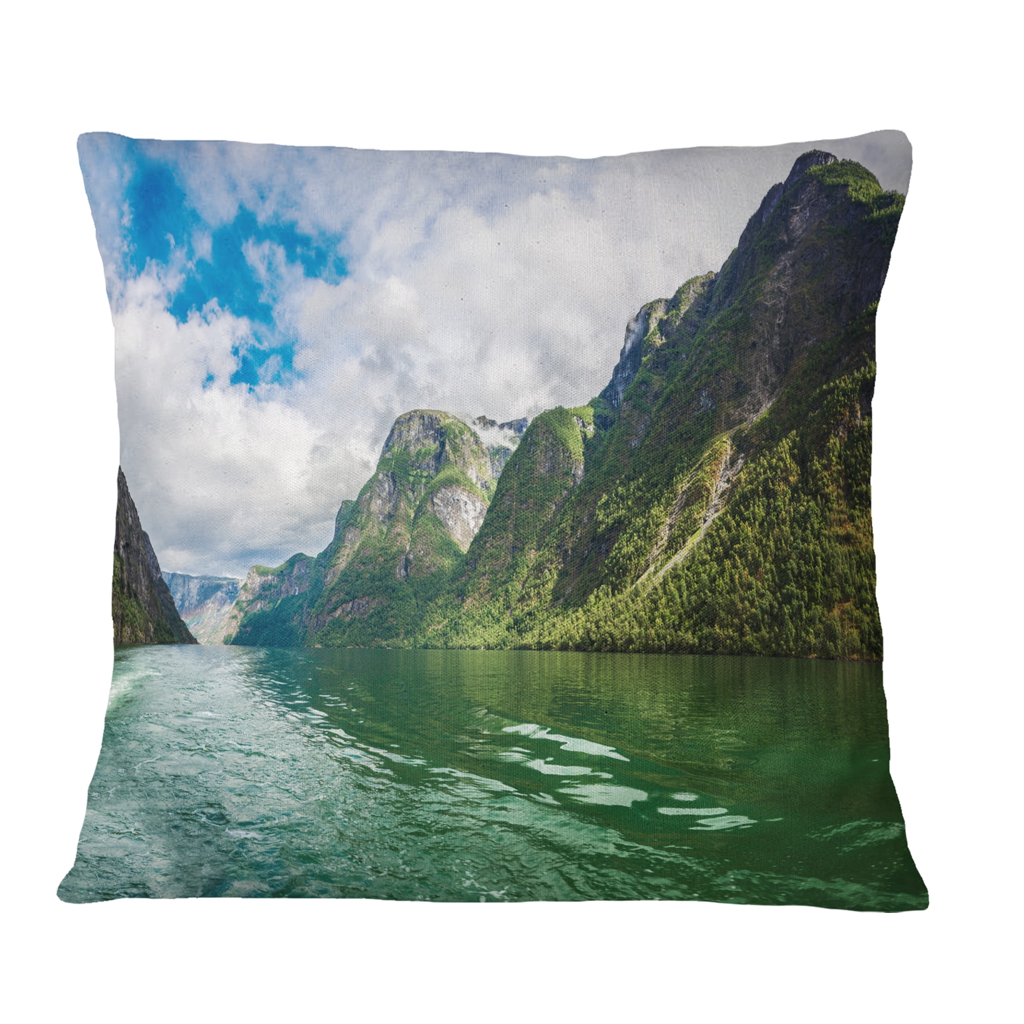 Designart Green Lake Sognefjord Norway - Landscape Printed Throw Pillow - 18x18