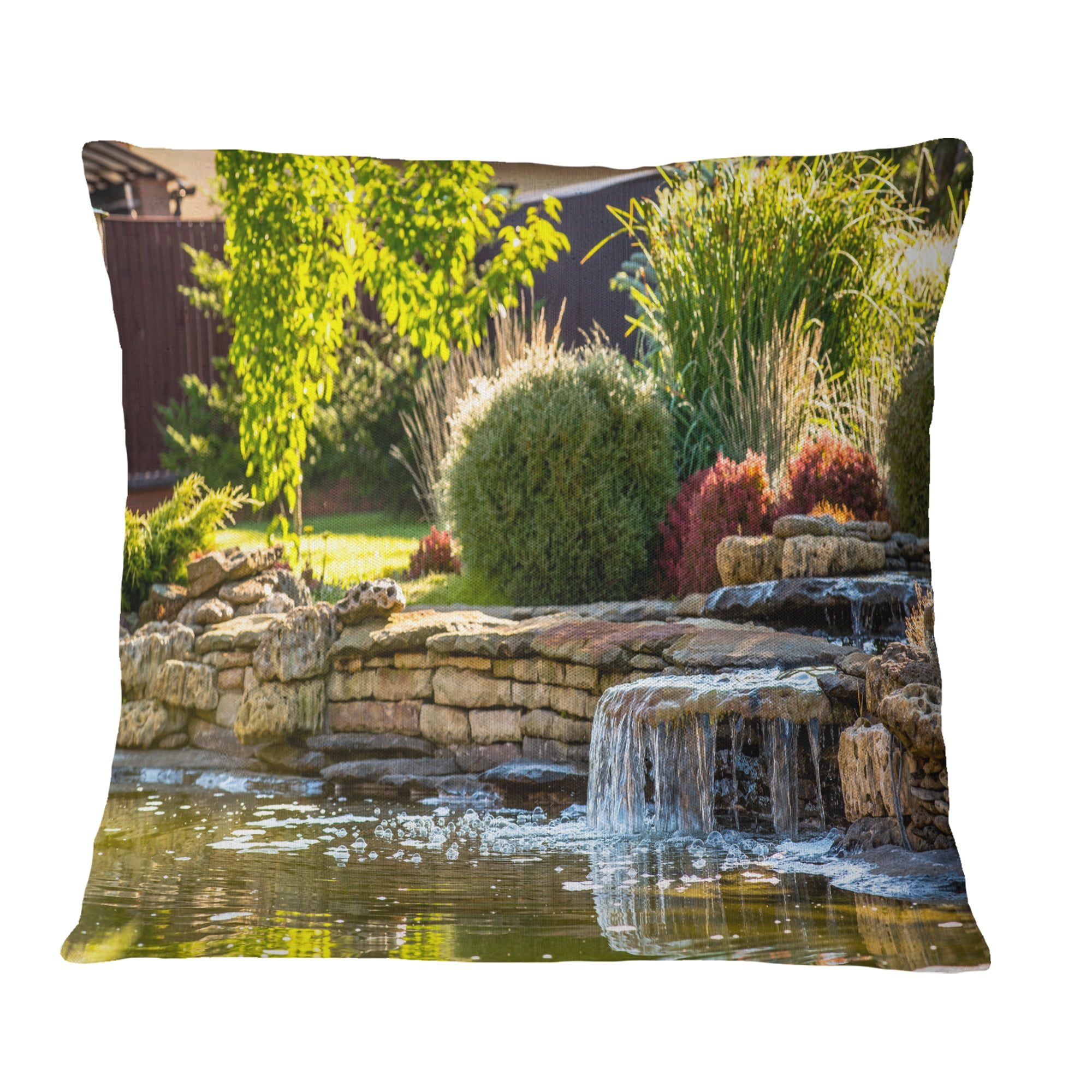 Designart Green Lake and Plants - Landscape Printed Throw Pillow - 16x16