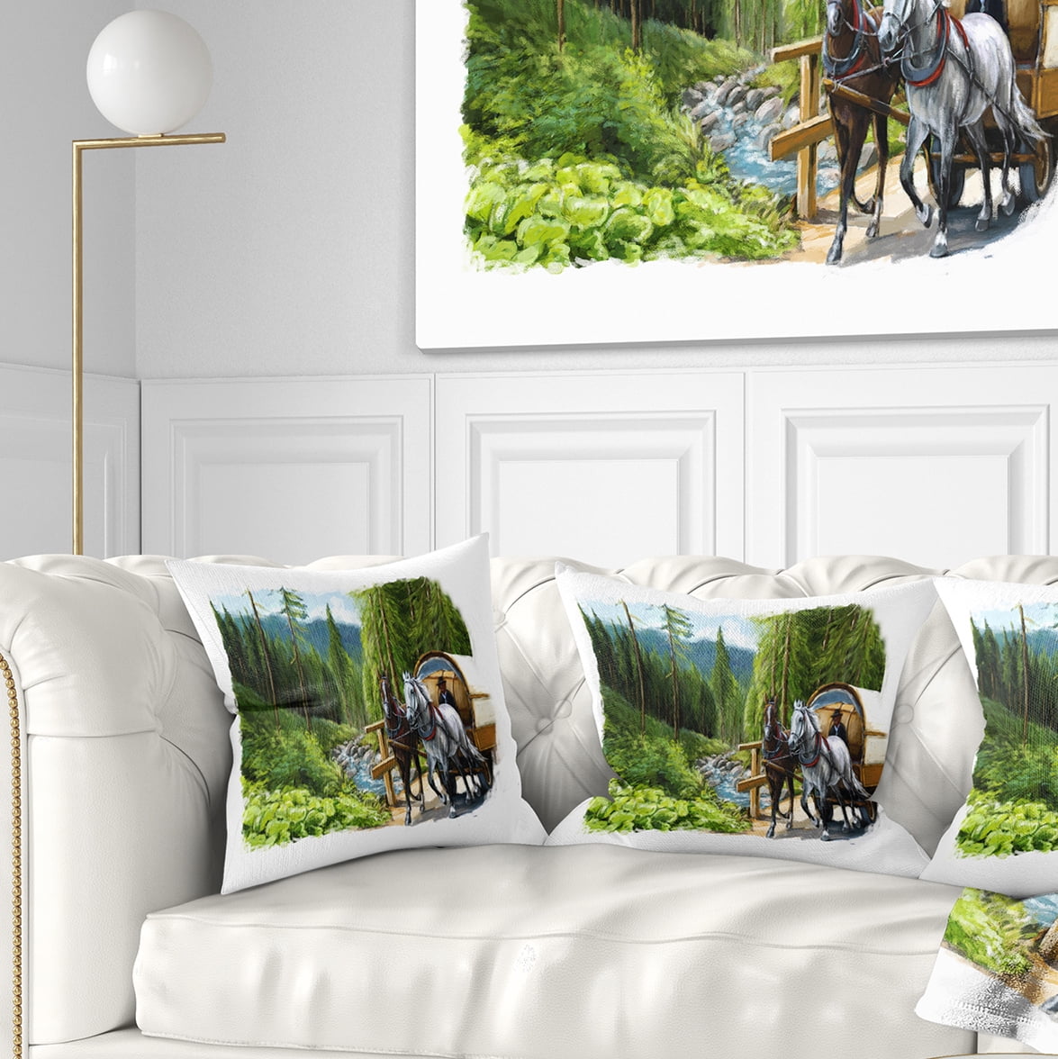 Designart Green Landscape with Horse - Abstract Throw Pillow - 16x16