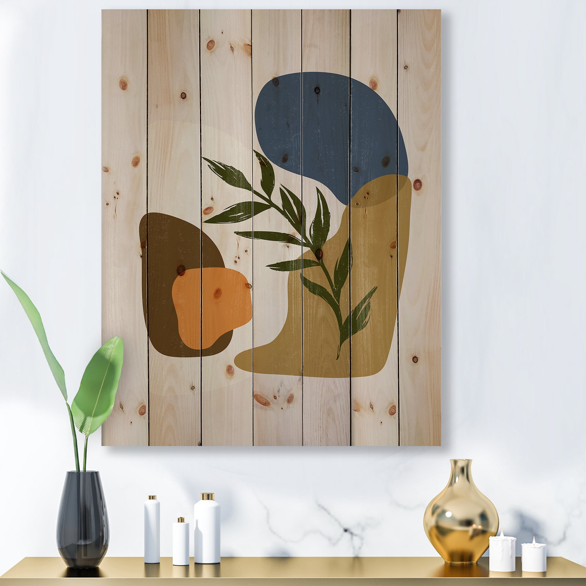 Designart 'Green Leaf With Botanical Minimalist Shapes' Modern Print on Natural Pine Wood