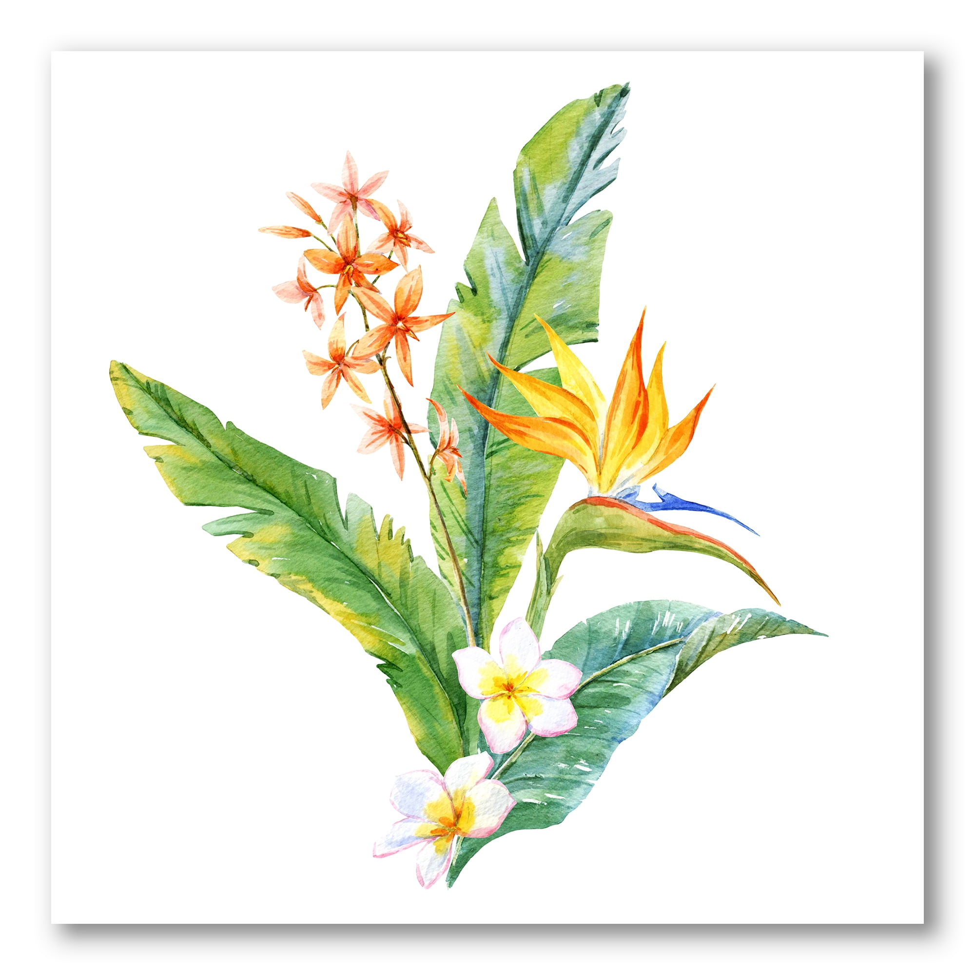 Designart ' Green Leaves With Tropical Yellow Flowers I ' Traditional Canvas Wall Art Print