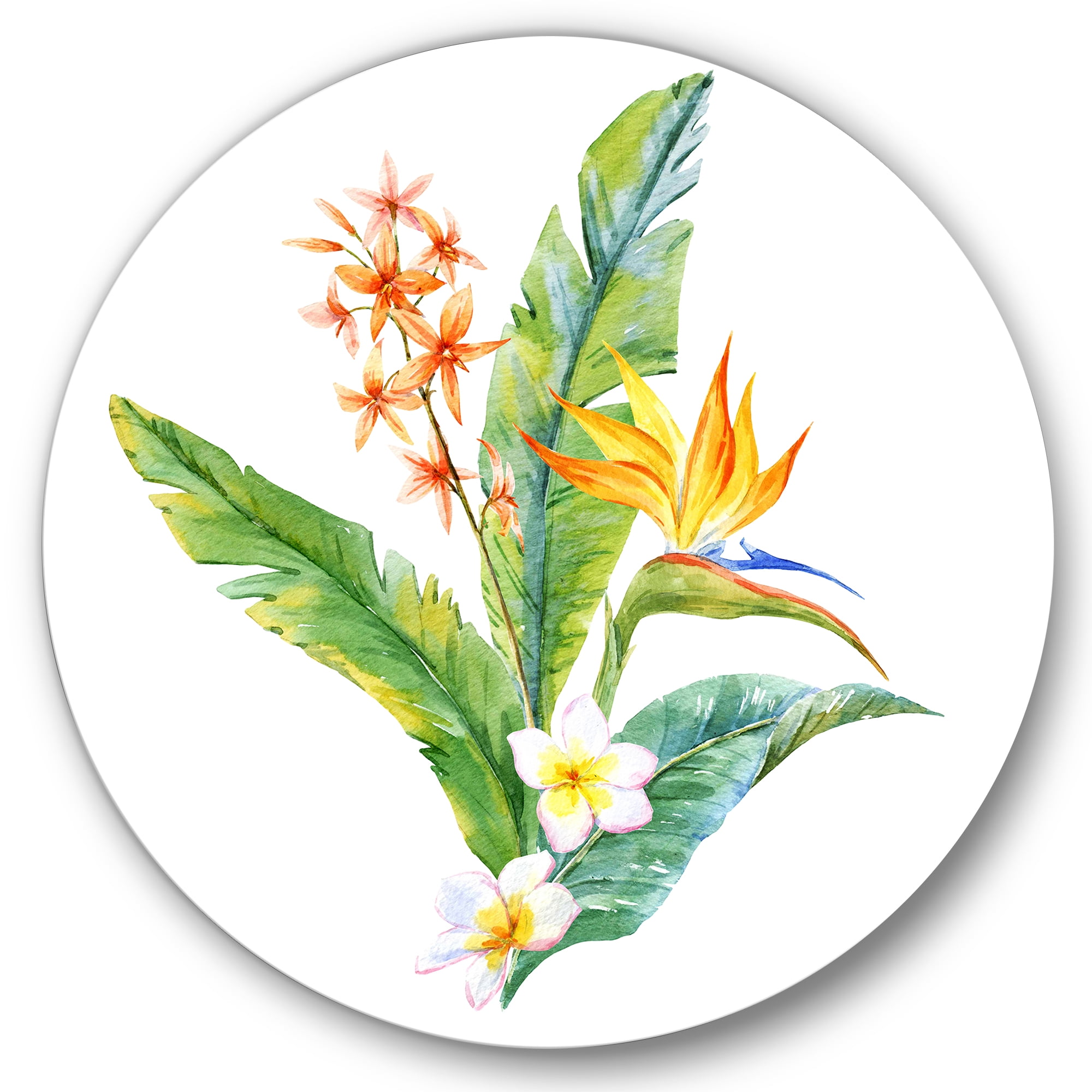 Designart 'Green Leaves With Tropical Yellow Flowers I' Traditional Circle Metal Wall Art 11x11 - Disc of 11