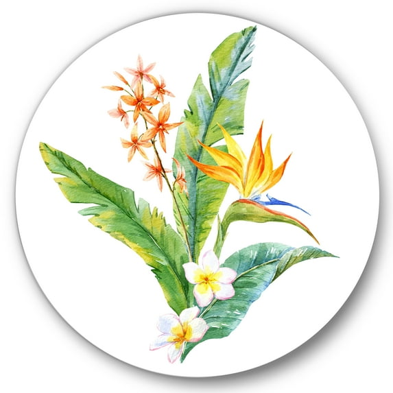 Designart 'Green Leaves With Tropical Yellow Flowers I' Traditional Circle Metal Wall Art 29x29 - Disc of 29