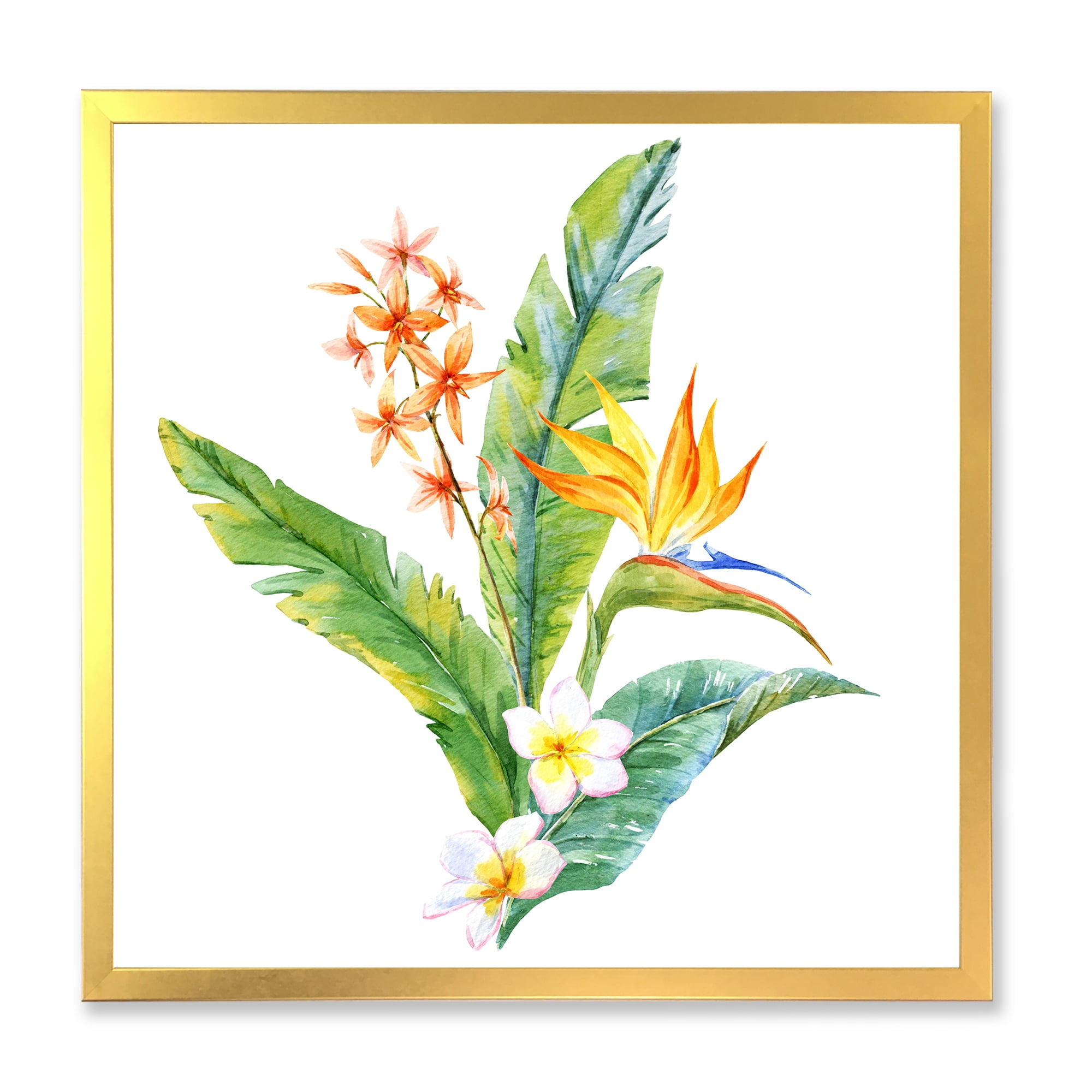 Designart 'Green Leaves With Tropical Yellow Flowers I' Traditional Framed Art Print