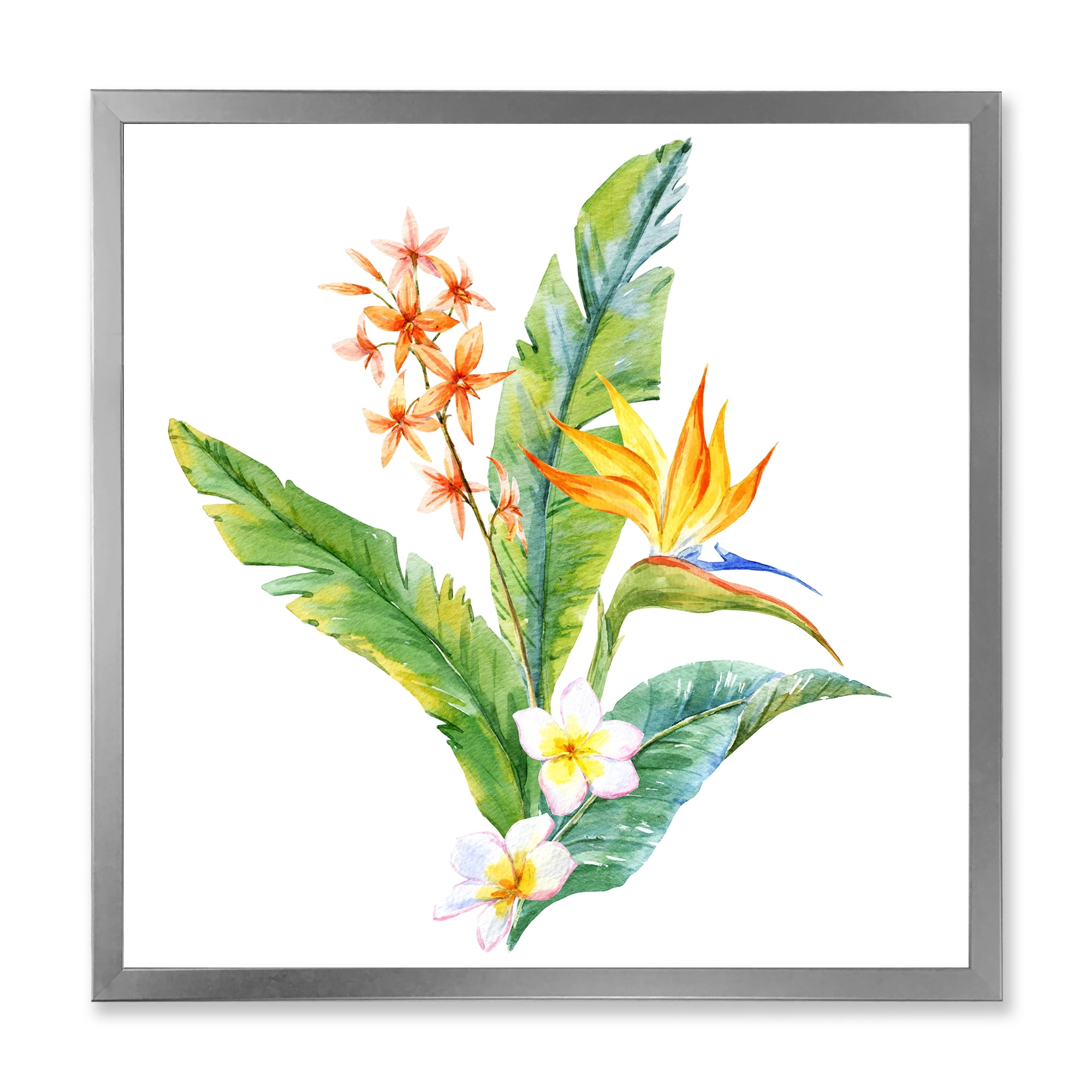 Designart 'Green Leaves With Tropical Yellow Flowers I' Traditional Framed Art Print