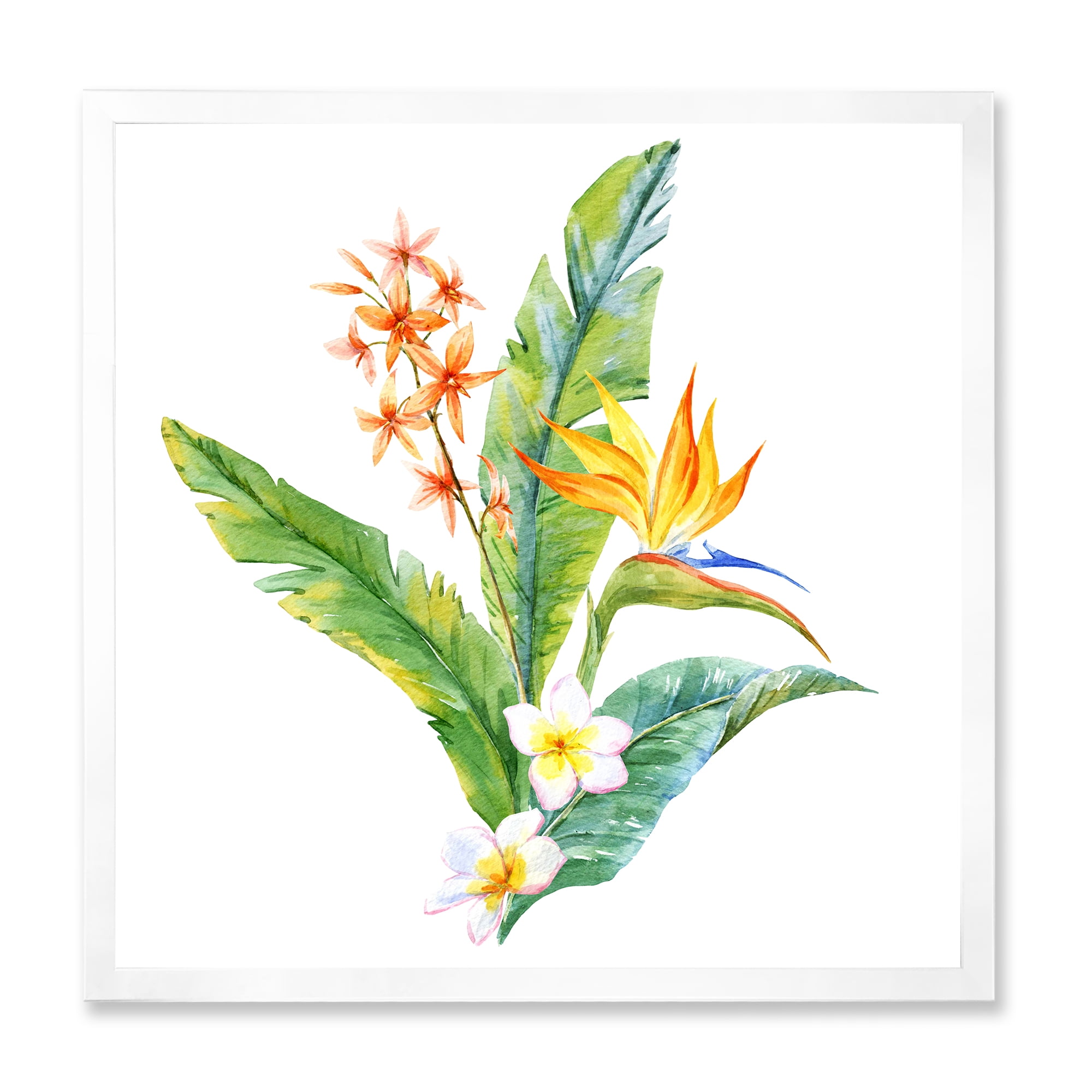 Designart 'Green Leaves With Tropical Yellow Flowers I' Traditional Framed Art Print