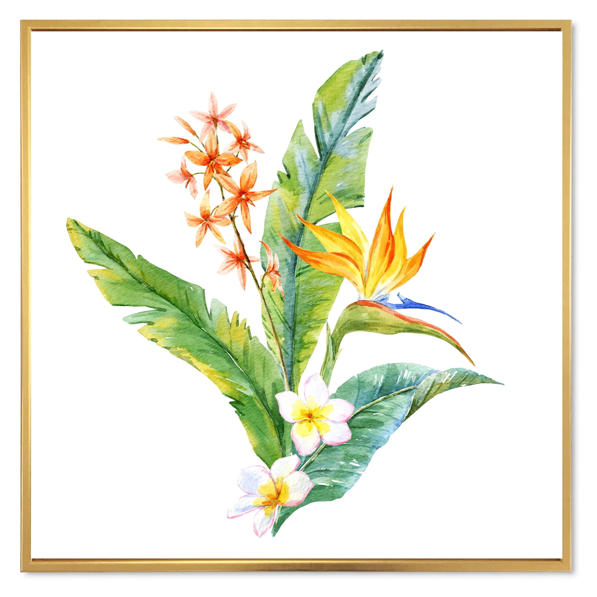 Designart 'Green Leaves With Tropical Yellow Flowers I' Traditional Framed Canvas Wall Art Print