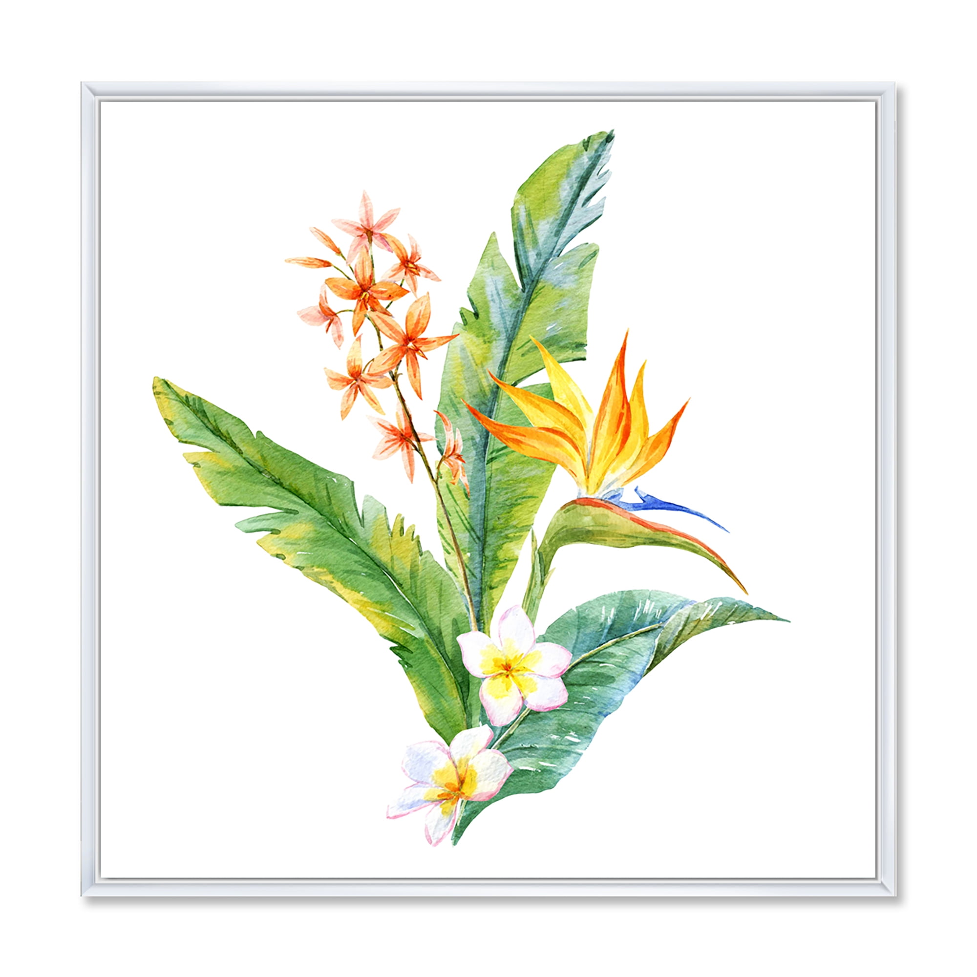 Designart 'Green Leaves With Tropical Yellow Flowers I' Traditional Framed Canvas Wall Art Print