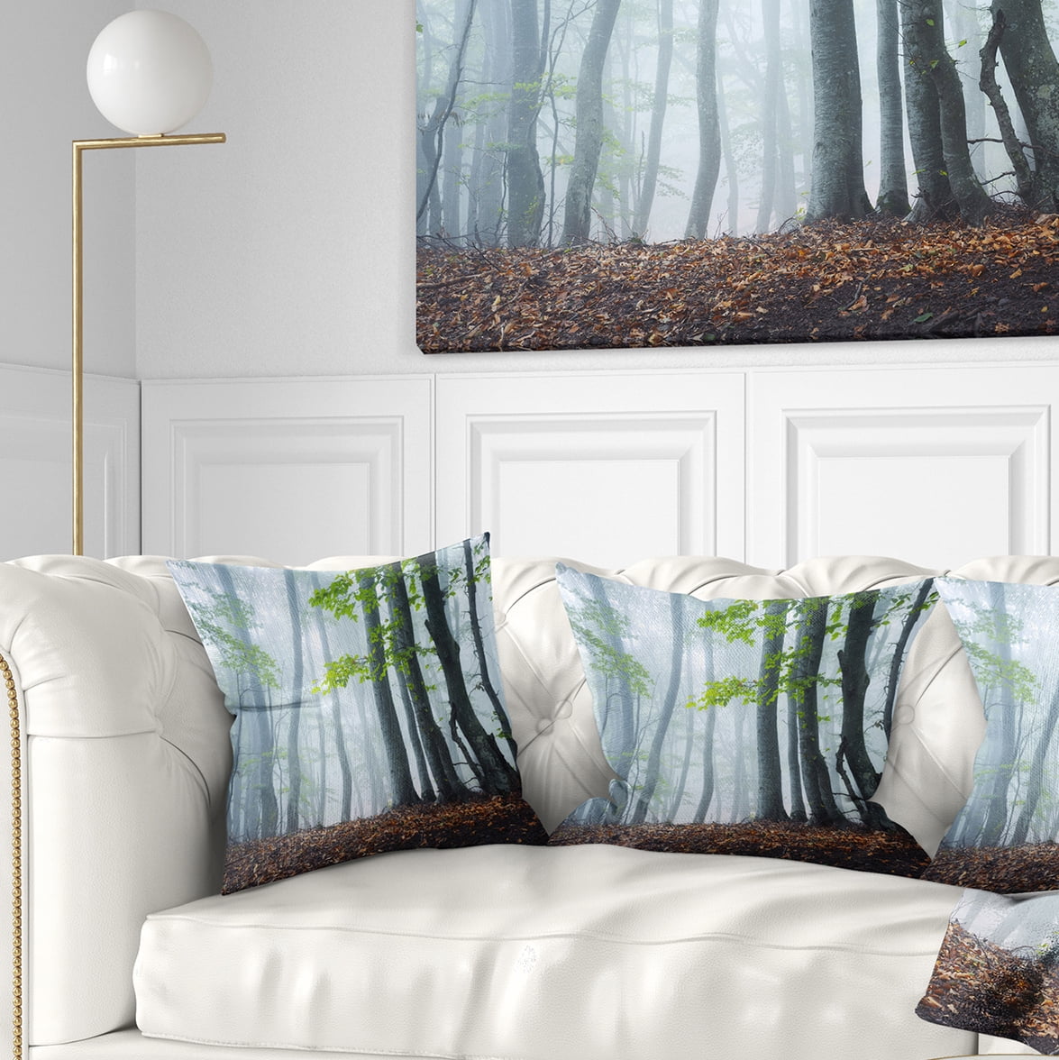 Designart Green Leaves in Old Forest - Landscape Photography Throw Pillow - 18x18