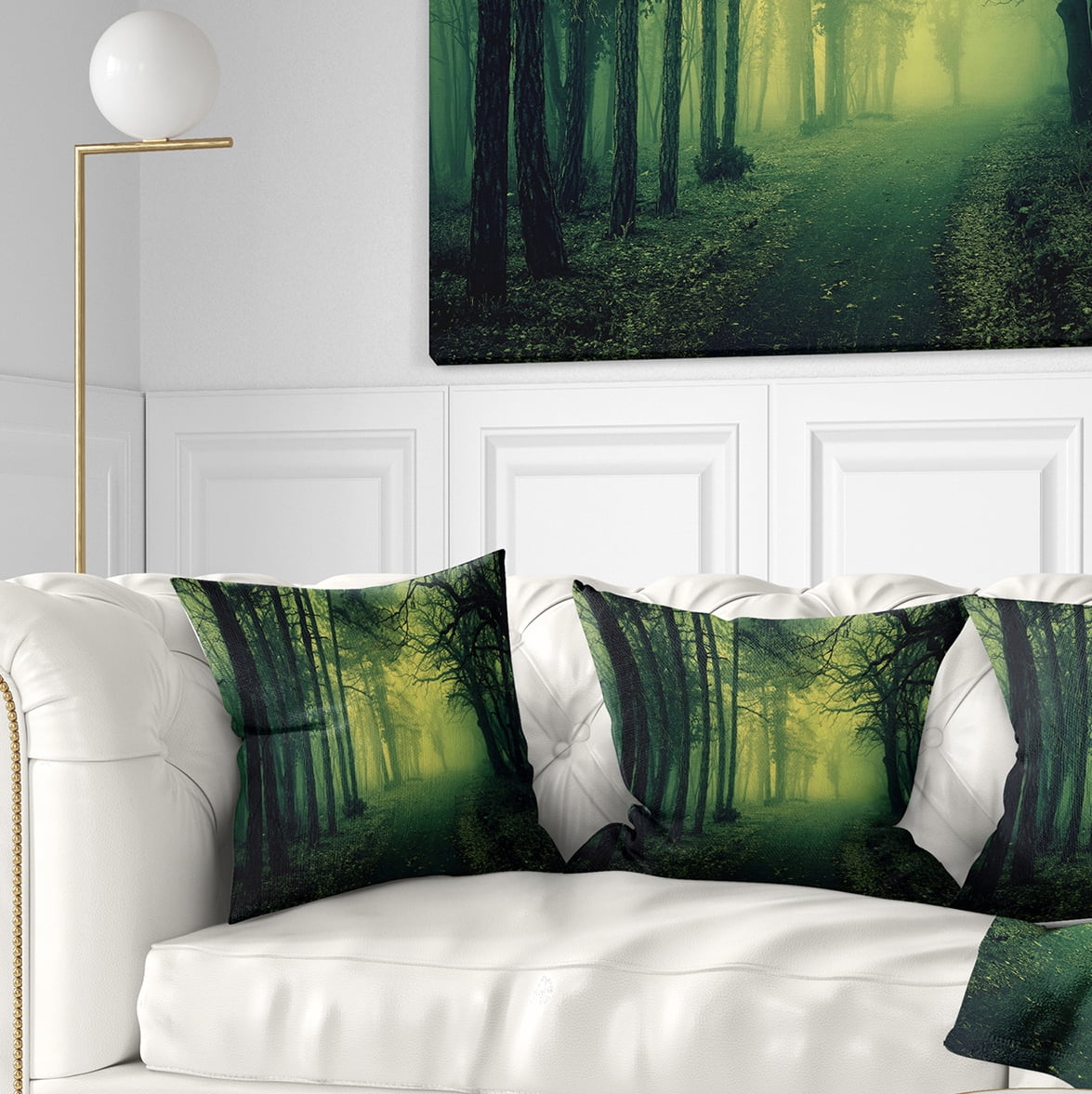 Designart Green Light in Thick Mist Forest - Landscape Photography Throw Pillow - 16x16