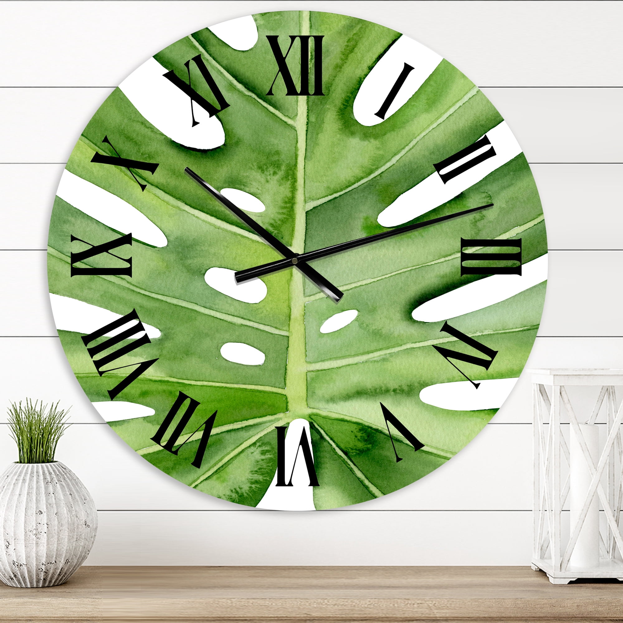 Designart 'Green Monstera Leaf Tropical Palm Botanical Detail' Tropical Wall Clock