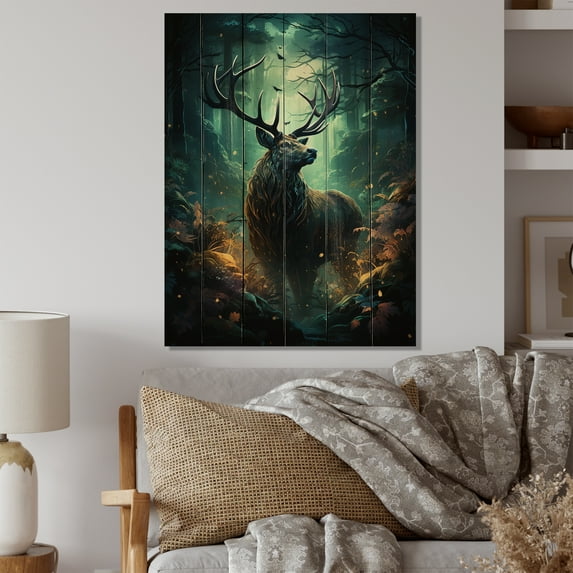 Designart "Green Moose captivate Forest" Animals Print on Natural Pine Wood