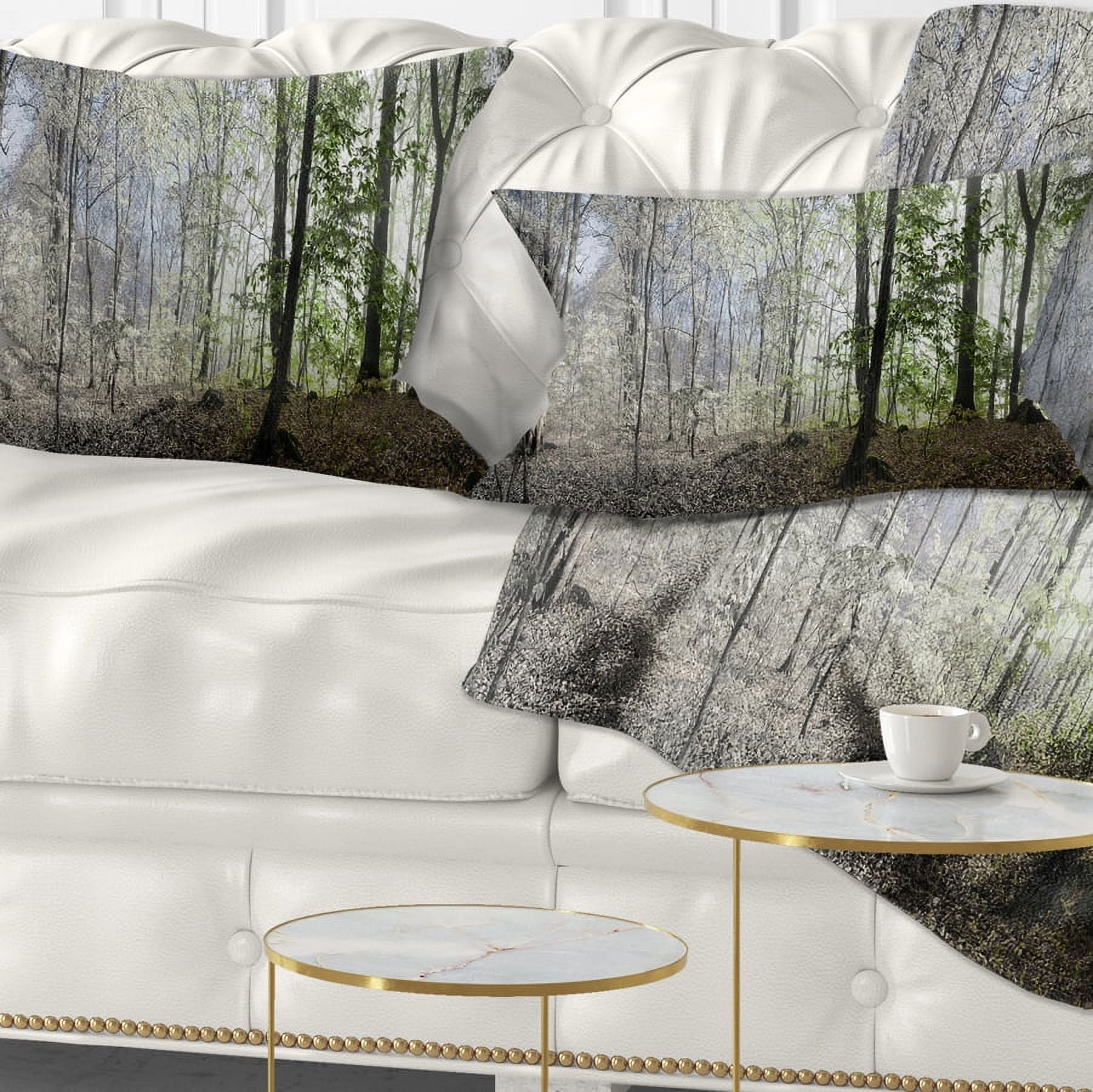 Designart Green Morning in Forest Panorama - Landscape Printed Throw Pillow - 12x20