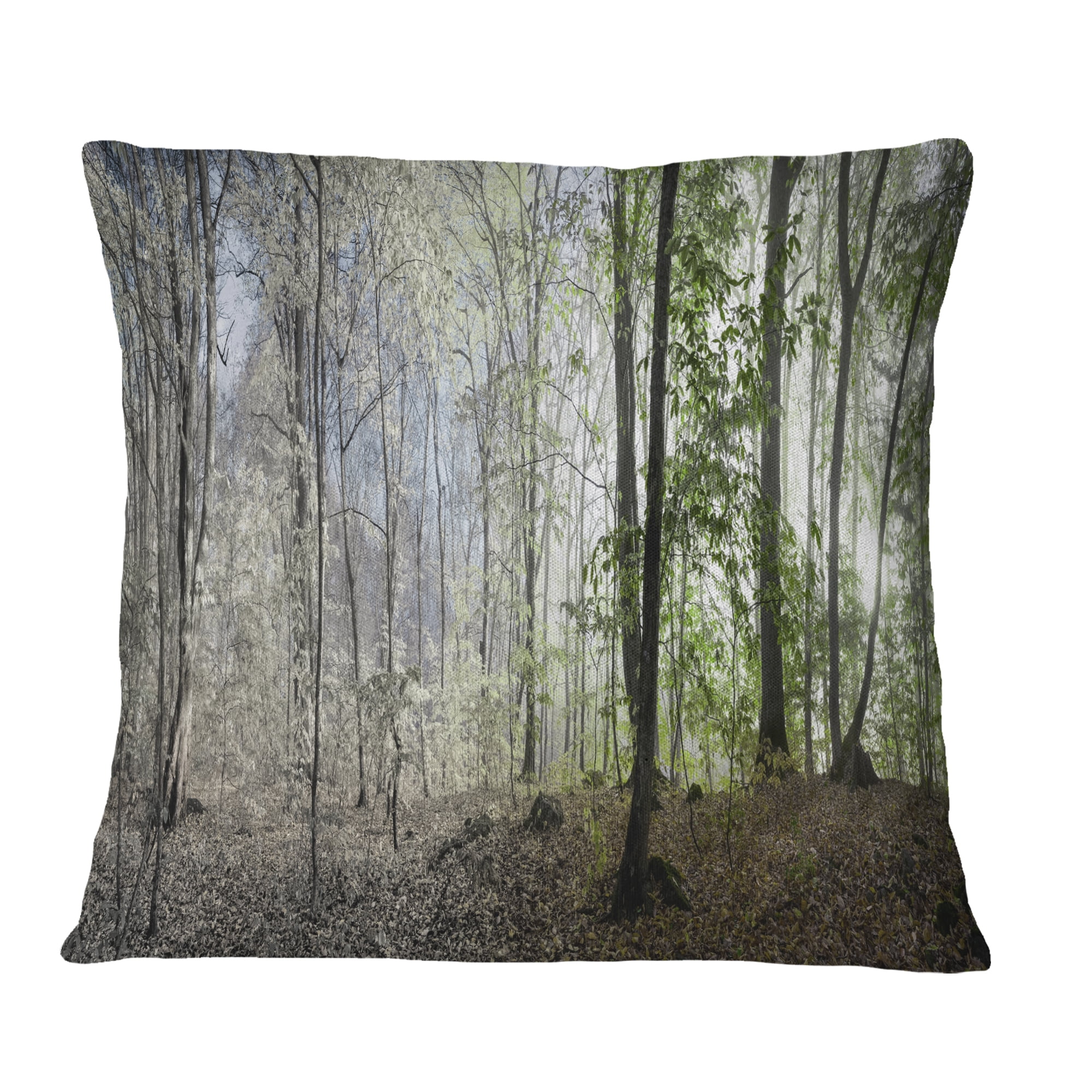 Designart Green Morning in Forest Panorama - Landscape Printed Throw Pillow - 16x16