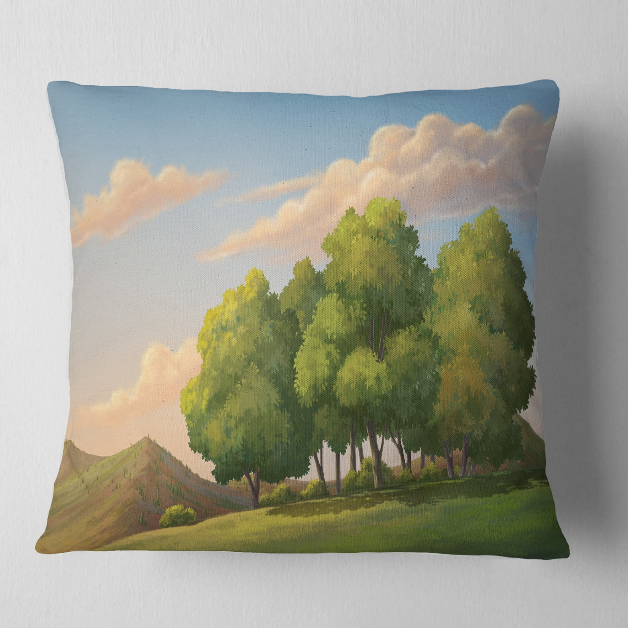 Designart Green Mounds with Green Trees - Landscape Wall Throw Pillow - 16x16