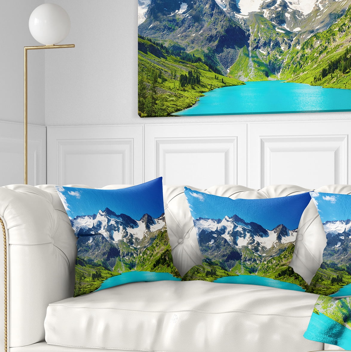 Designart Green Mountain Lake - Photography Throw Pillow - 16x16