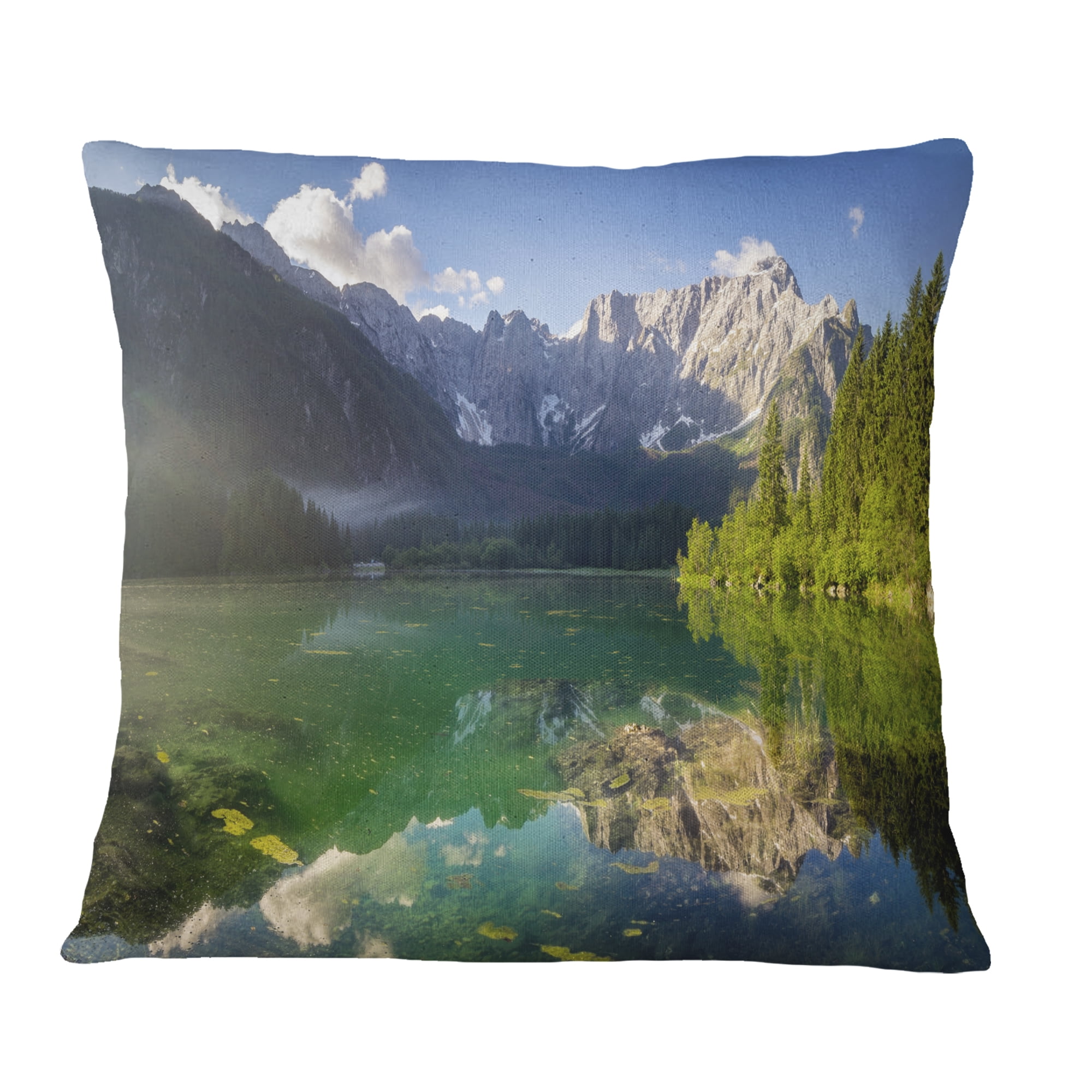 Designart Green Mountain Lake in the Alps - Landscape Printed Throw Pillow - 16x16