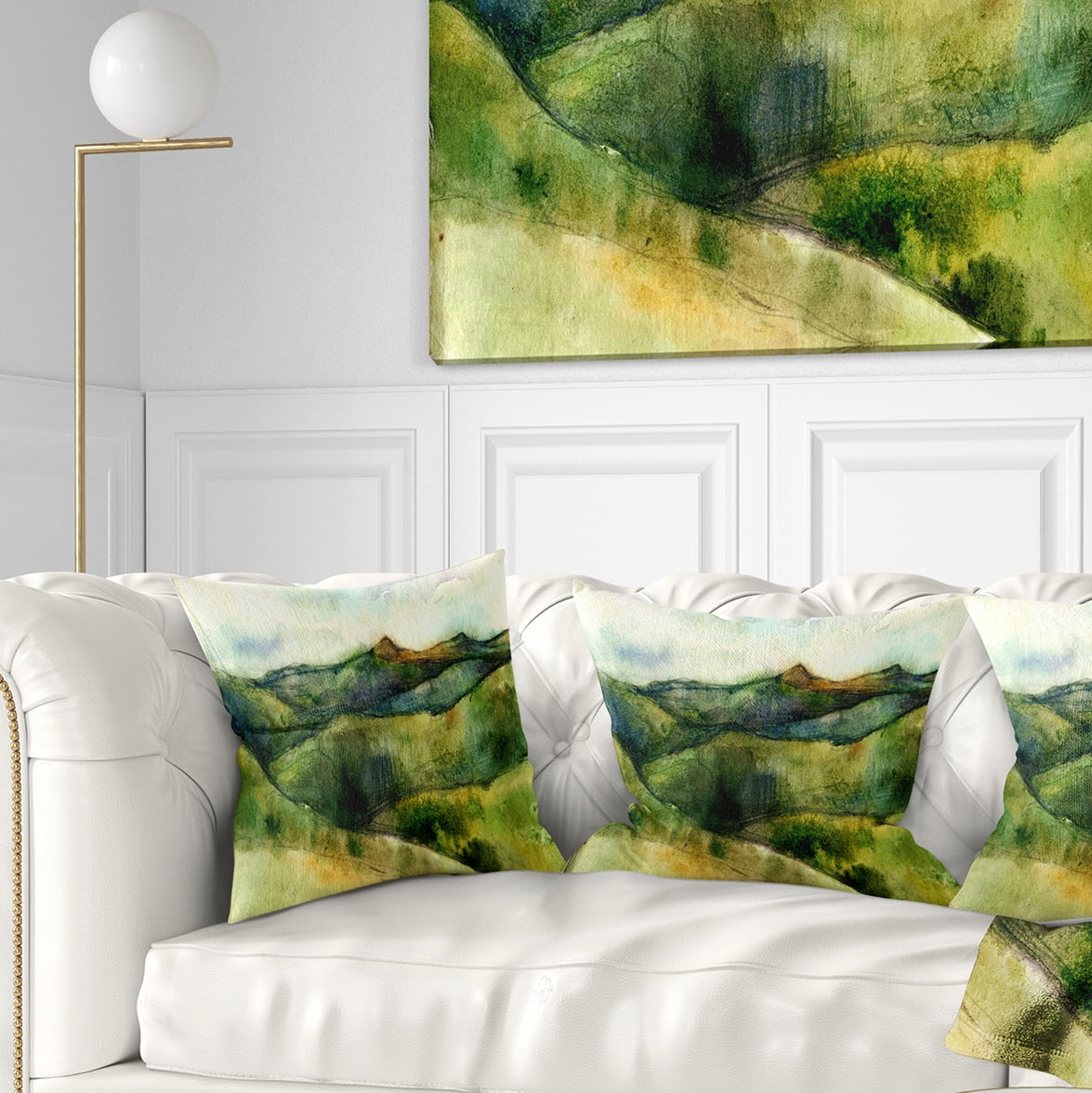 Designart Green Mountains Watercolor - Landscape Painting Throw Pillow - 18x18