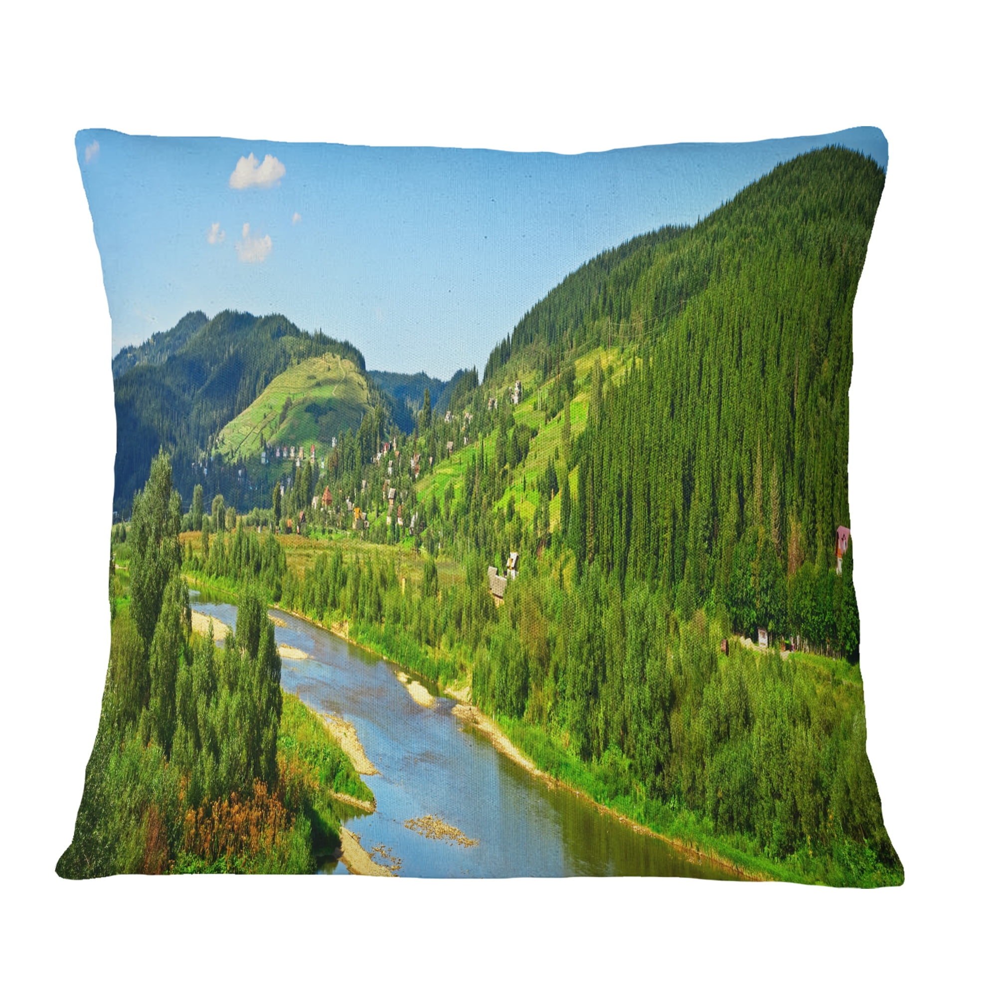 Designart Green Mountains and River - Landscape Printed Throw Pillow - 16x16