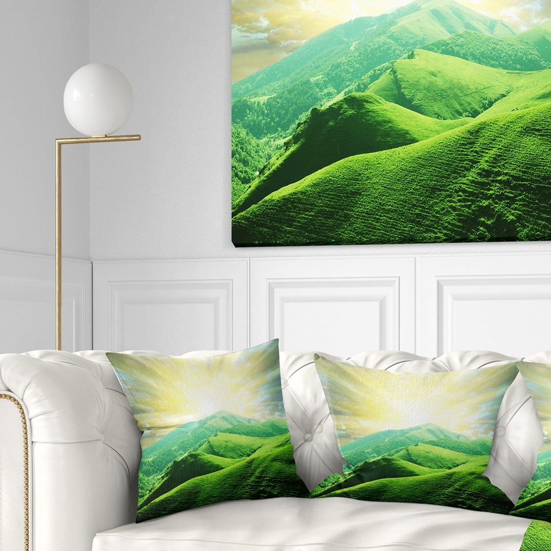 Designart Green Mountains under Sun - Landscape Printed Throw Pillow - 18x18