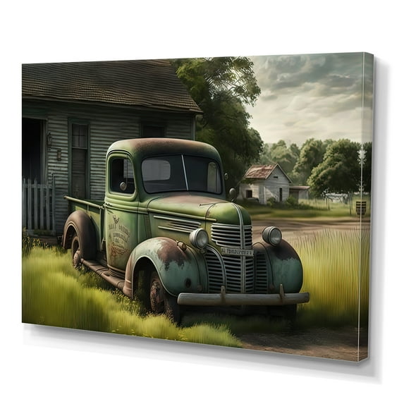 Designart Green Old Truck At The Barn Canvas Wall Art