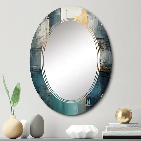 Designart "Green Orange Bold Abstract Flow composition I" Abstract Collages Round Wall Mirror - Modern Oval Printed Decorative Oversized Mirror - Multiple Color Options