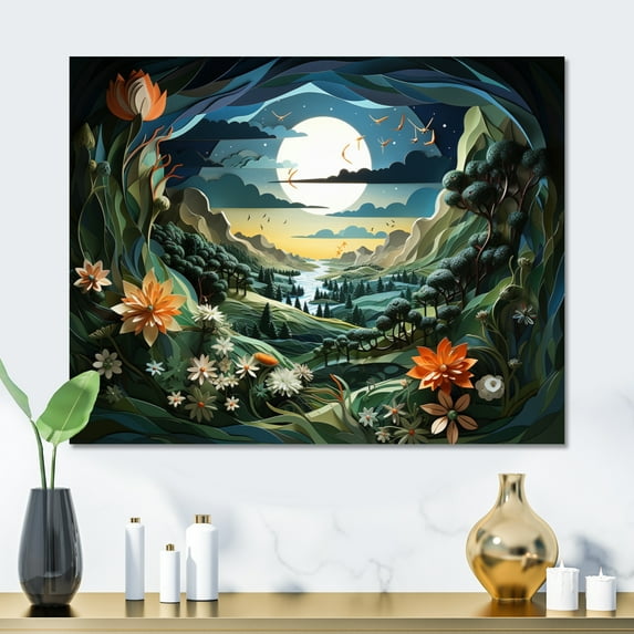 Designart "Green Orange Mosaic pastures II" Abstract Collages Metal Art Print