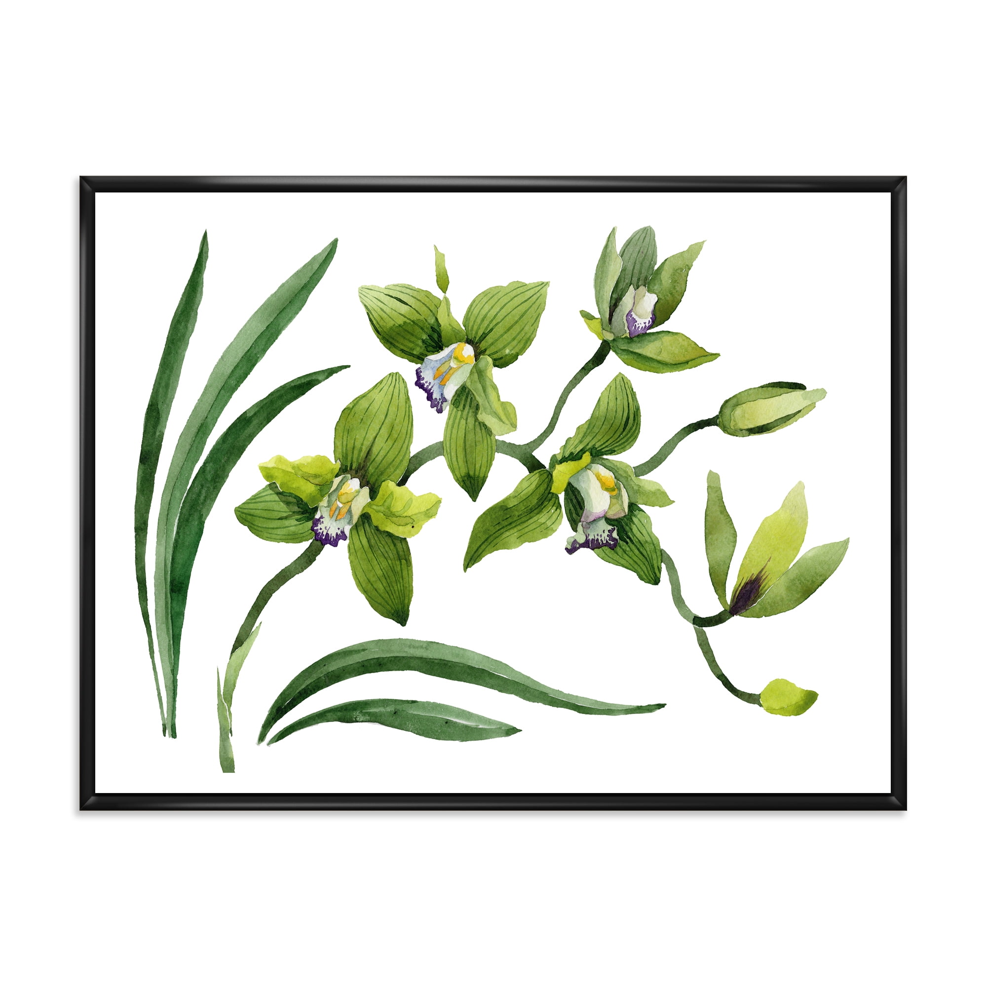 Designart 'Green Orchid Flowers On White' Traditional Framed Canvas Wall Art Print