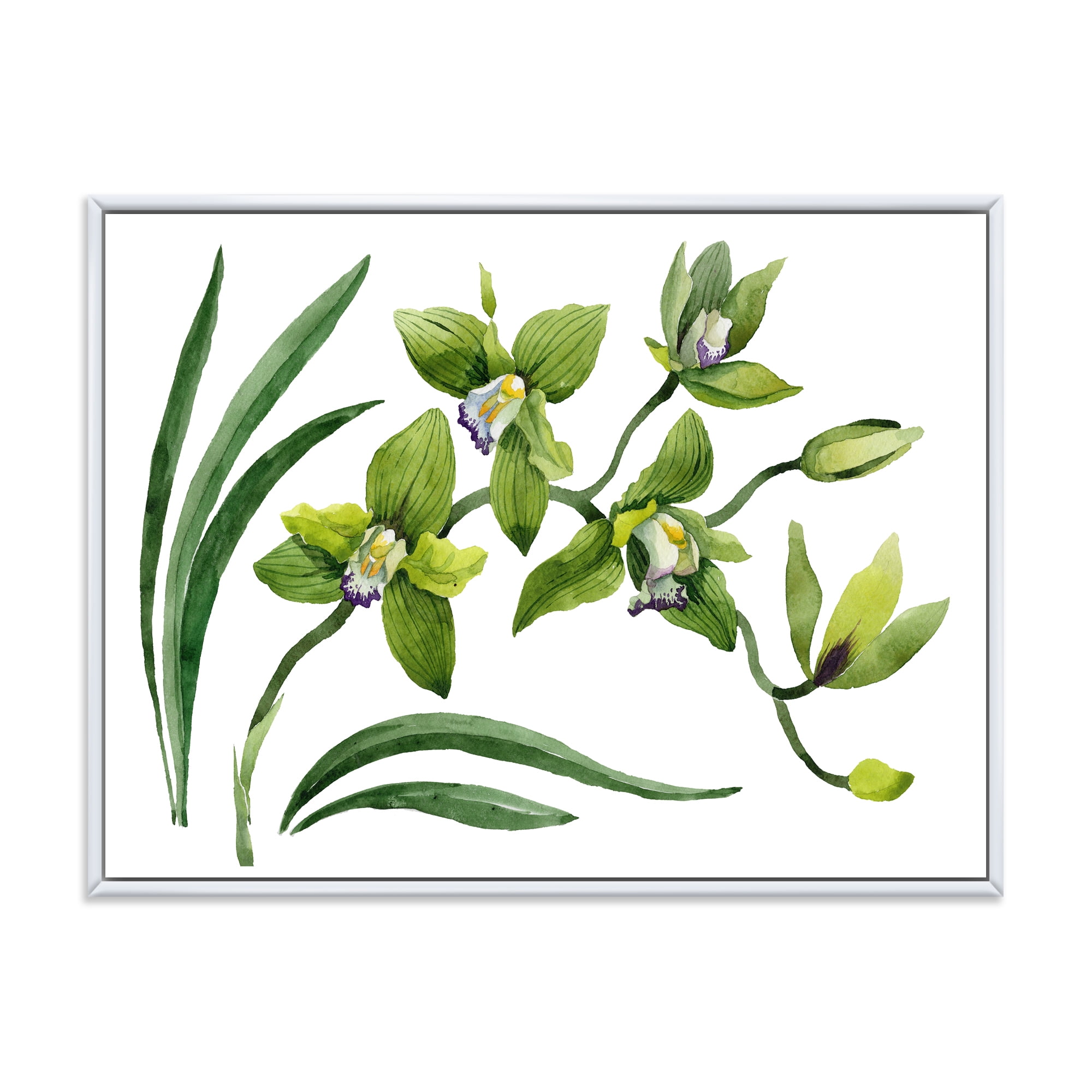 Designart 'Green Orchid Flowers On White' Traditional Framed Canvas Wall Art Print