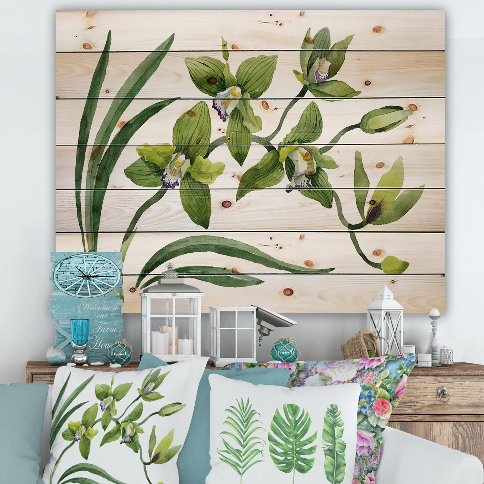 Designart 'Green Orchid Flowers On White' Traditional Print on Natural Pine Wood