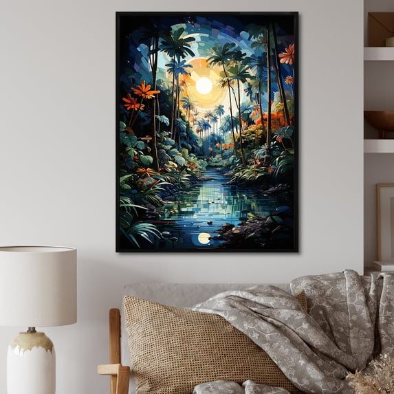 Designart "Green Palm Trees Painting III" Floral Floater Framed Canvas Print