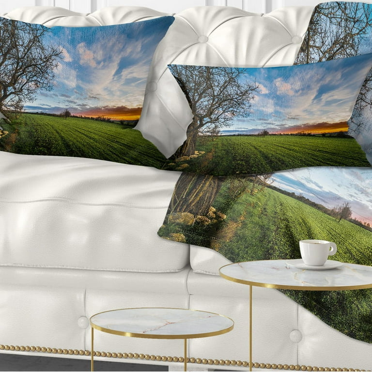 Designart Green Pasture under Blue Sky Landscape Printed Throw Pillow 12x20