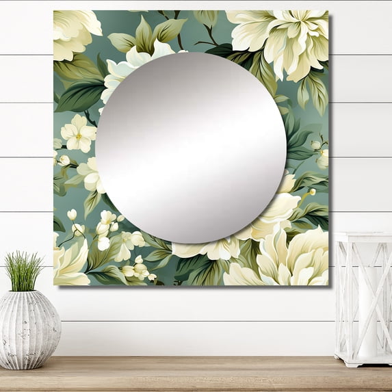 Designart "Green Peony Damask Grace II" floral Square Mirror For Wall Decor - Large Green Square Printed Wall Mirror Art - Square Cottage Mirror - Wall Mounted Square Large Mirror