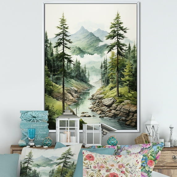 Designart "Green Pine Tree magic Guardians I" Floral Floater Framed Canvas Print
