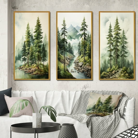 Designart "Green Pine Tree magic Guardians III" Floral Framed Wall Art Set Of 3 - Green Tree Pine Frame Canvas Set For Living Room Decor