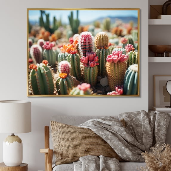 Designart "Green Pink Cactus landscape I" Floral Floater Framed Wall Decor