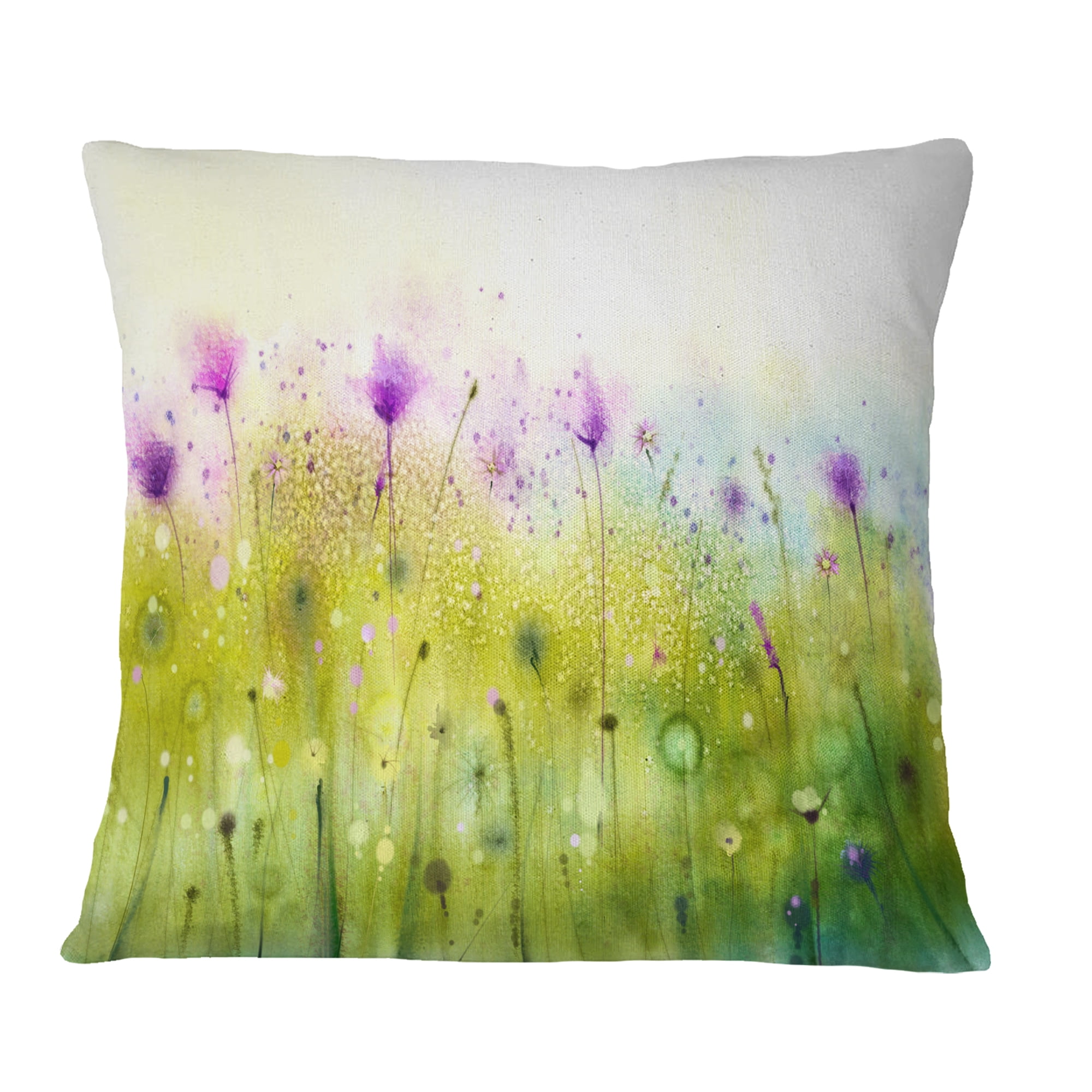 Designart Green Purple Abstract Cosmos of Flowers - Flower Throw Pillow - 18x18