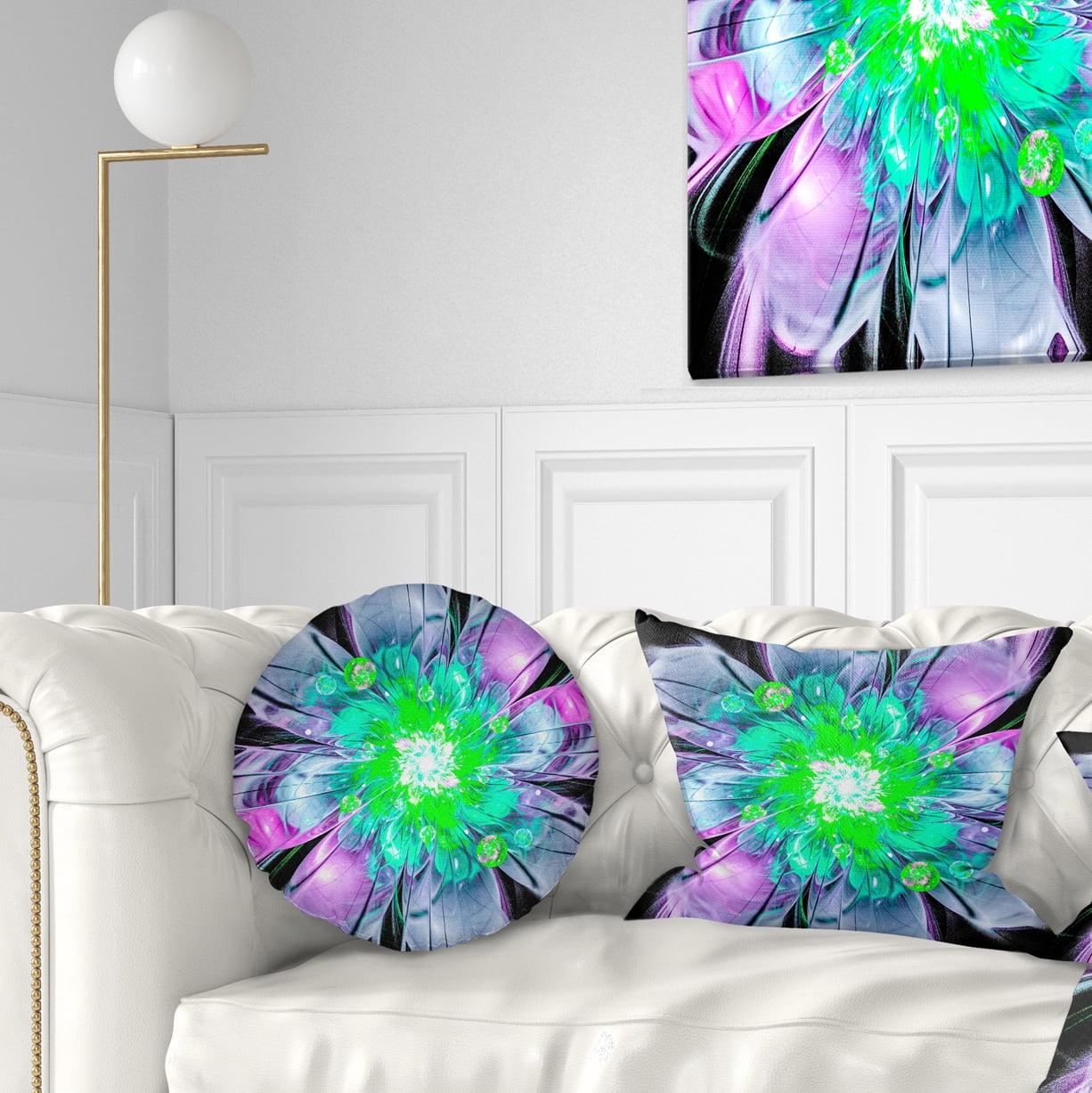Designart Green Purple Fractal Flower Petals Close up - Floral Throw Pillow - 12x20
