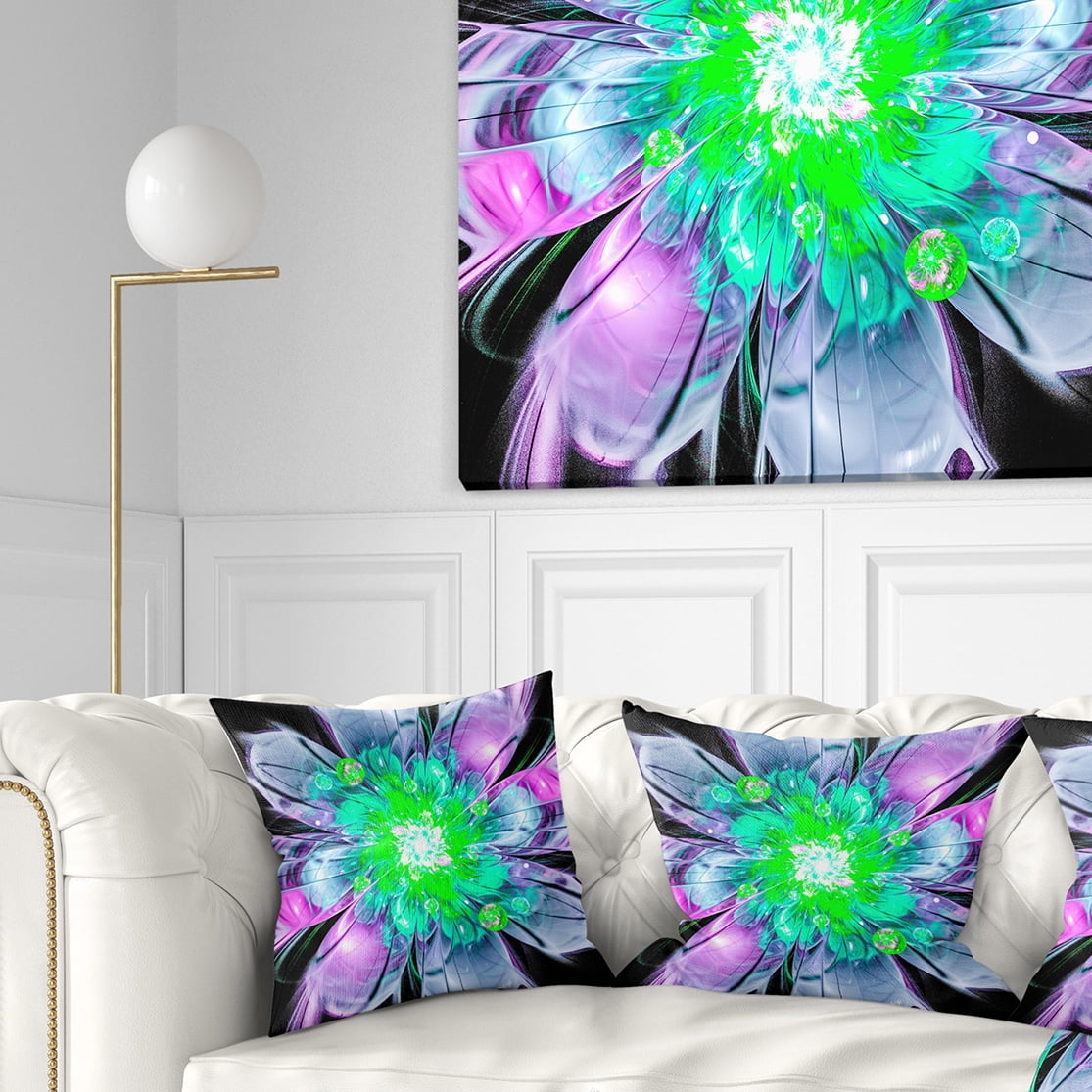 Designart Green Purple Fractal Flower Petals Close up - Floral Throw Pillow - 16x16