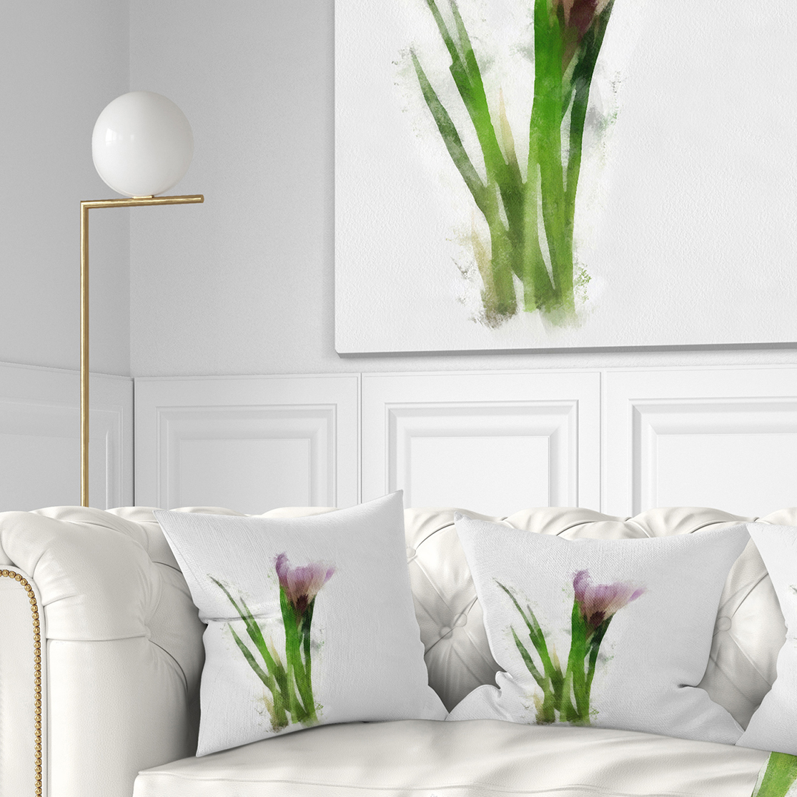 Designart Green Purple Watercolor Flower Sketch - Floral Throw Pillow - 18x18