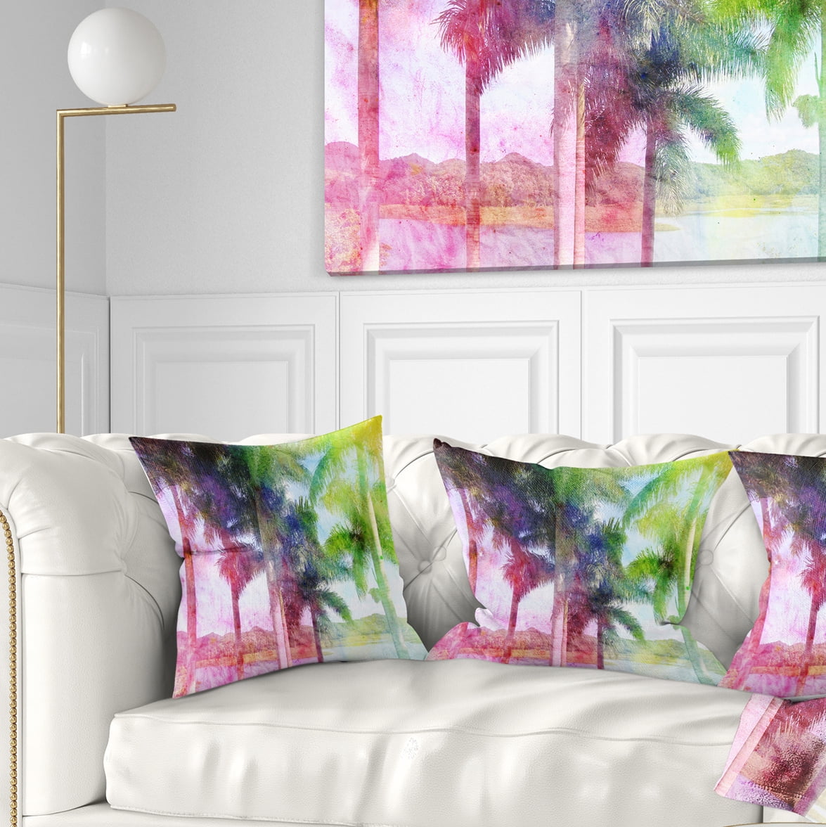 Designart Green Retro Palm Trees - Landscape Painting Throw Pillow - 16x16