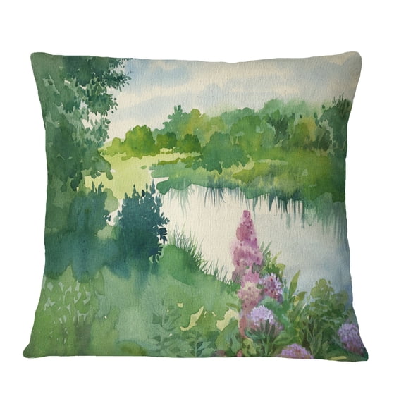 Designart Green Riverside Land Watercolor - Landscape Printed Throw Pillow - 16x16