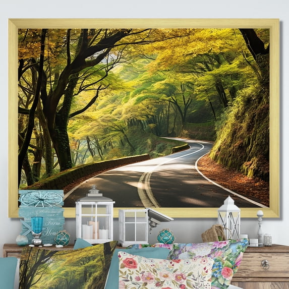 Designart "Green Road Leading into the Forest II" Landscapes Framed Wall Art Decor - Modern Yellow Road Entryway Framed Wall Art Print