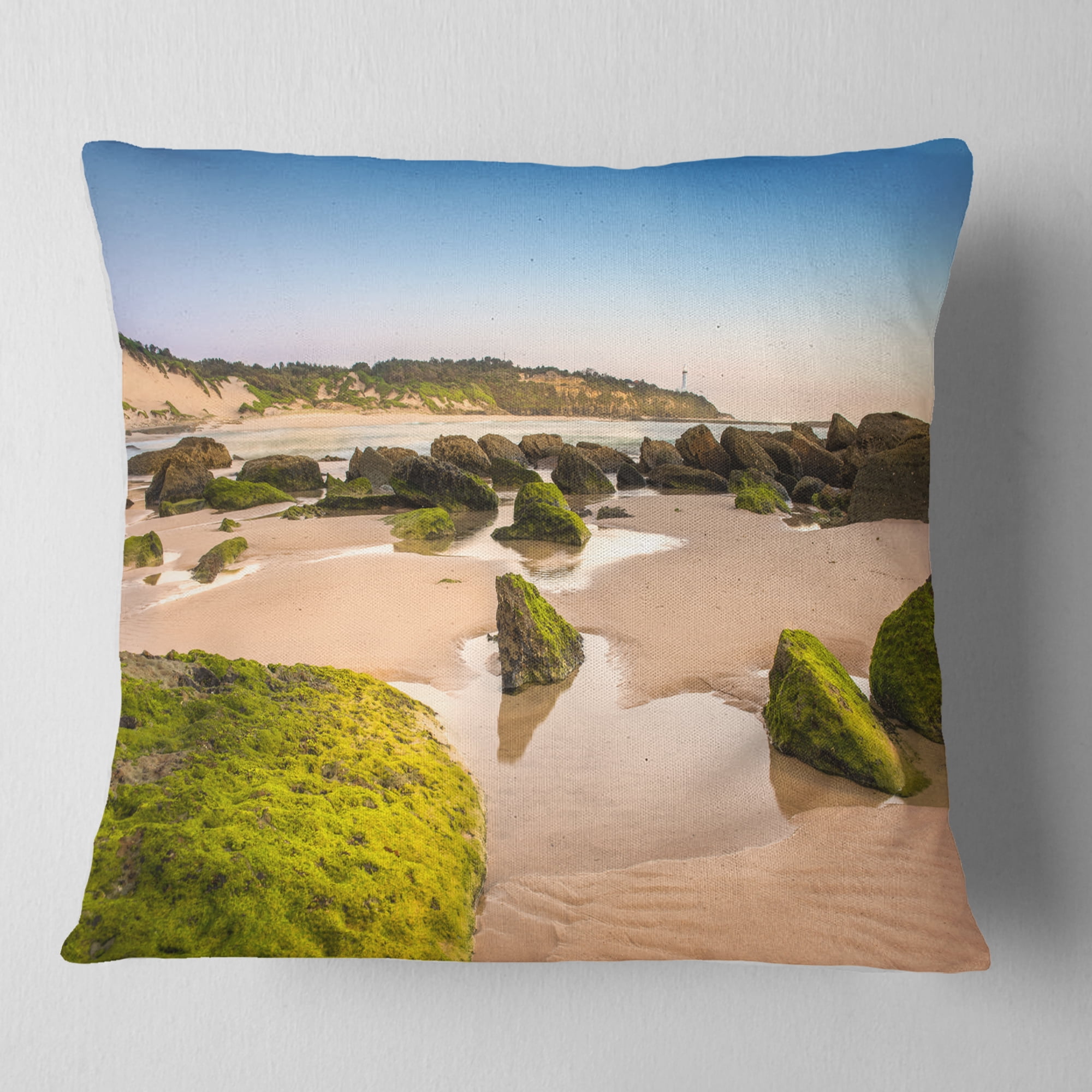 Designart Green Rocky Seashore at Norah Head - Seashore Throw Pillow - 18x18