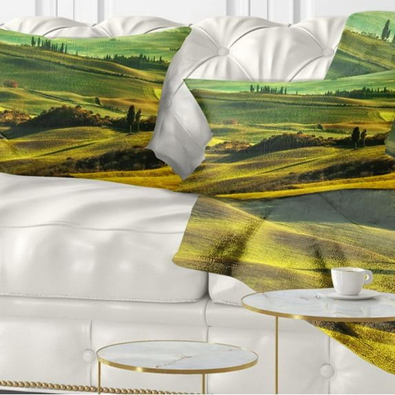 Designart Green Rolling Hills on Misty Sunset - Landscape Wall Throw Pillow - 12x20