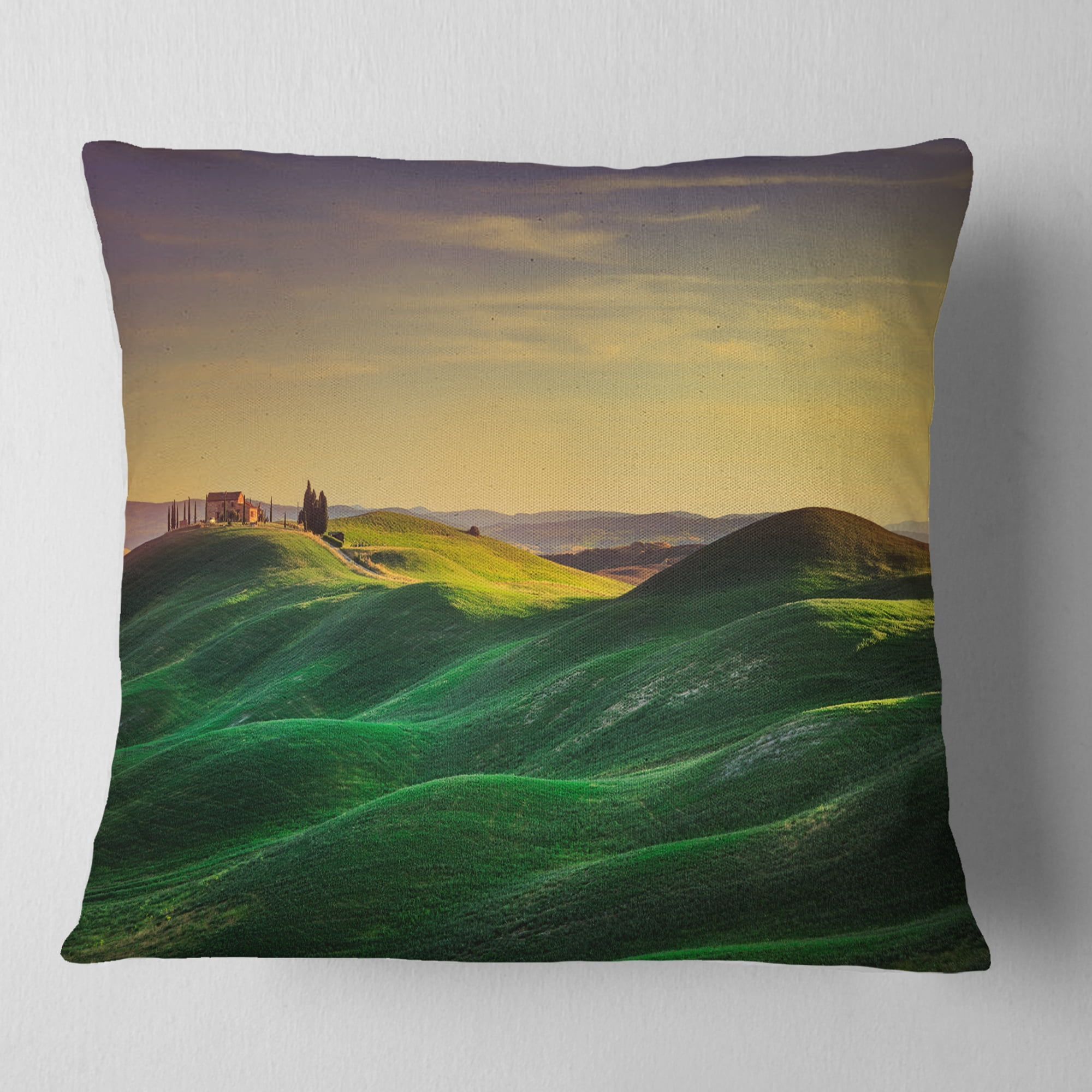 Designart Green Rolling Hils in Crete Senesi - Landscape Printed Throw Pillow - 16x16